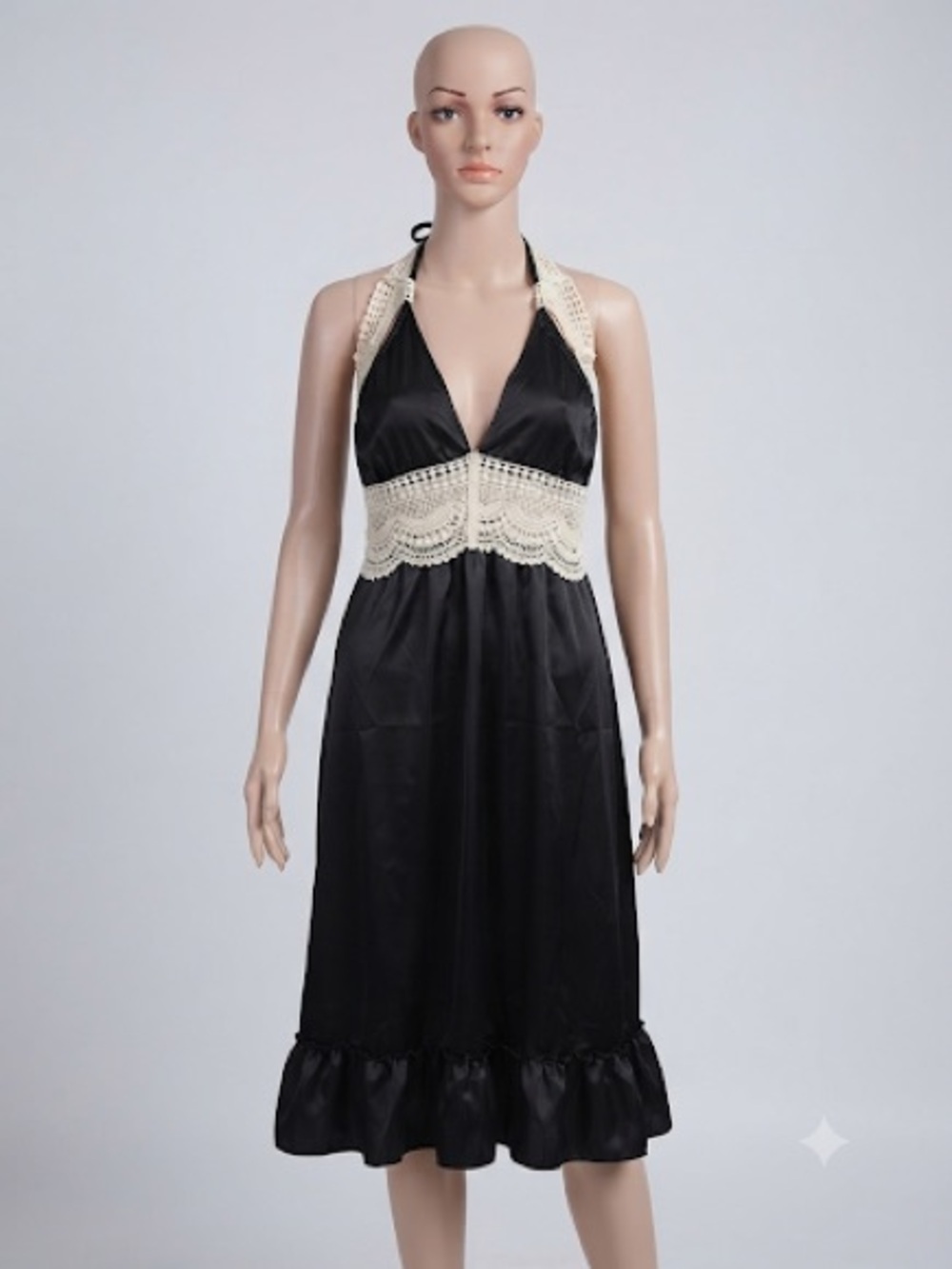 Black Lace Crochet Slip Dress Nightgown Boho Cottagecore